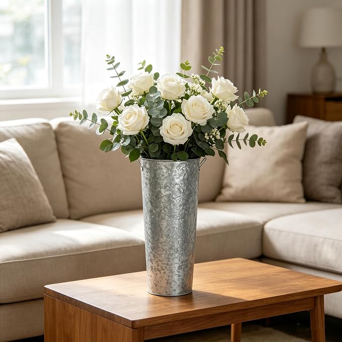 Hosley Galvanized French Bucket Vase with Handles 6" Dia x 15" H- Perfect for Weddings, Parties, Country Picnics, Floral Arrangements, Tableware Storage, or Candle Gardens - Rustic Farmhouse Décor