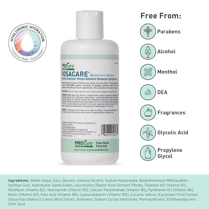 PROcure Rosacare Gentle Cream Cleanser – Hyaluronic Acid, Niacinamide & Licorice Root Face Wash for Sensitive, Redness-Prone Skin – Daily Use