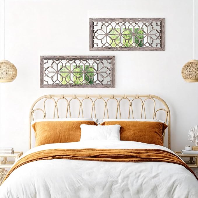 Set of 2 13x30 Inch Large Brown Shatterproof Carved Floral Wood Frame Wall Mirrors, Boho Farmhouse Rustic Accent Mirrors for Living Room Bedroom Bathroom & Home Decor