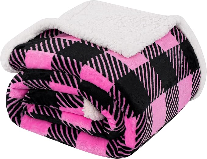Sherpa Plaid Twin Blanket 60" X 70", Fuzzy Fluffy Soft Cozy Throw Blanket, Twin Size Plush Fleece Flannel Plush Microfiber Blanket for Couch Bed Sofa (Rosepink)