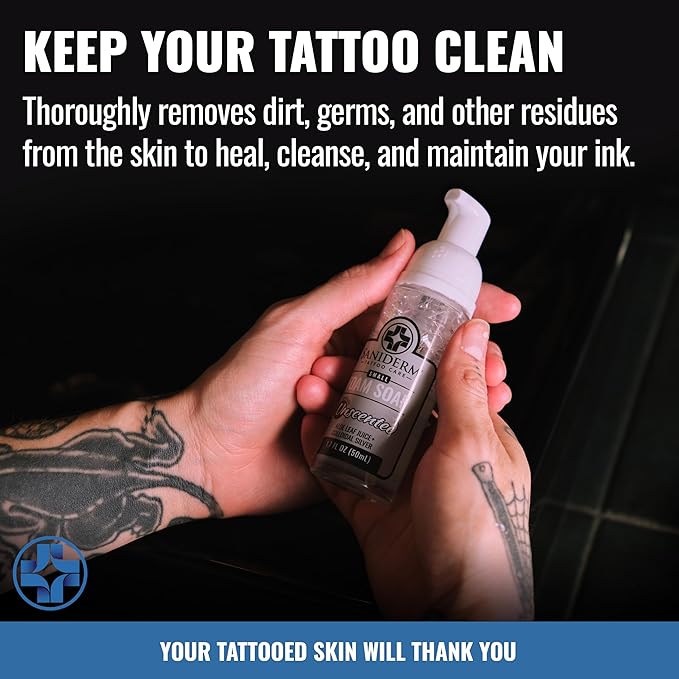 Saniderm Tattoo Recovery Bundle (3 items) – Aftercare Bandage Roll (10.2 in x 2 yd) + Foaming Soap (1.7oz) + Aftercare Balm PLUS+ (0.6 oz)