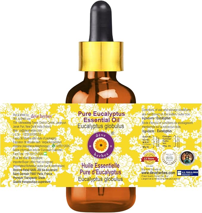 Deve Herbes Pure Eucalyptus Essential Oil (Eucalyptus globulus) with Glass Dropper Steam Distilled 50ml (1.69 oz)