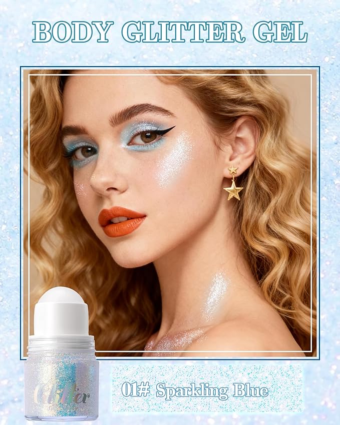 Roll-on face Body Glitter Gel, Holographic Sparkling Blue Long Lasting Body Glitter Gel for Face Hair, Mermaid Makeup Chameleon Shimmer Sequins, Christmas Festival Party Rave Accessories for Women-01