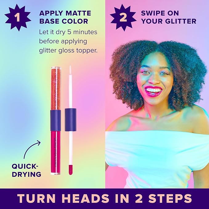 UNICORN SNOT Quiet Riot Glitter Lip Duo | 2-in-1 Set: Matte Lipstick & Plastic-Free Glitter | 0.15oz Pink Lipstick & 0.16oz Gloss, Fusion