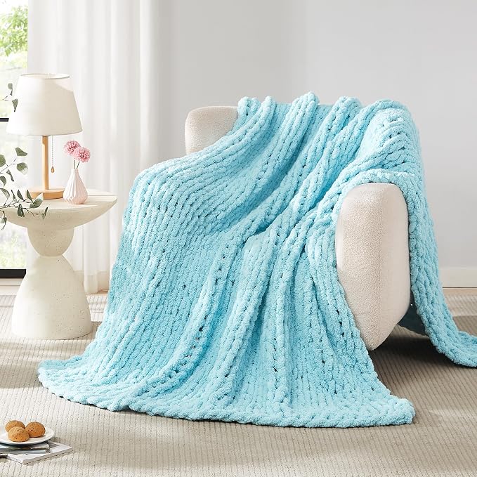 L'AGRATY Chenille Chunky Knit Blanket, Light Blue, 60x80, Heavyweight Throw Blanket for Home Decor | Handmade Chenille Crochet Blanket for Sofa Bed, Thick Cable Knitted Blankets for Room Home Decor, Birthday Gift for Women Mom