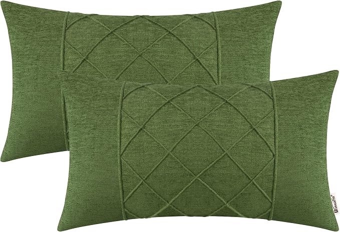 BRAWARM Chenille Throw Pillow Covers 12x20 Inches, Forest Green, 2 Pack | Decorative Lumbar Pleated Pillow Covers, Soft Cushion Cases for Sofa Bed Living Room Home Farmhouse (No Insert)
