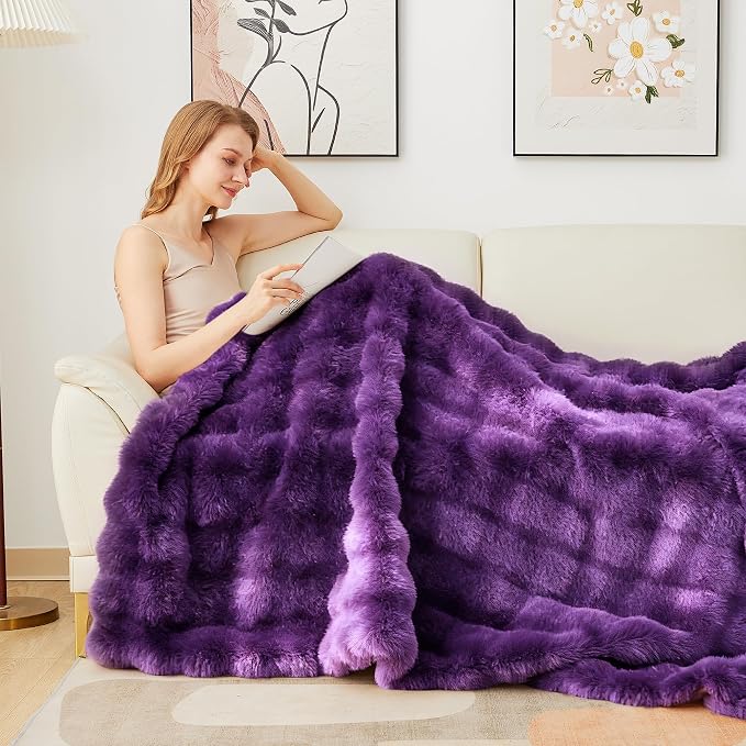 Latepis Faux Fur Twin Purple Blanket Plush 60x80 Inch Cute Fluffy Warm Bubble Blankets for Couch Bedroom Soft Blankets for All Seasons Cozy Blanket for Woman Gift, 860GSM