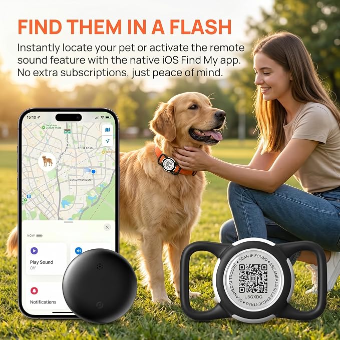 Dog Tracker with QR Code Smart Pet Tracker for Collar No Monthly Fee Pet Location Tracker with Holder Anti-Lost Device for Pets Compatible with Apple Find My iOS Only Dog Trackers