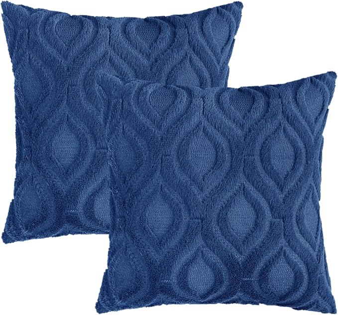 decorUhome Faux Fur Plush Soft Dark Blue Throw Pillow Covers 26x26 Set of 2 | Wool Solid Fall Couch Pillow Covers, Accent Modern Farmhouse Neutral Decorative Square Pillow Cases for Sofa Bed Living Room