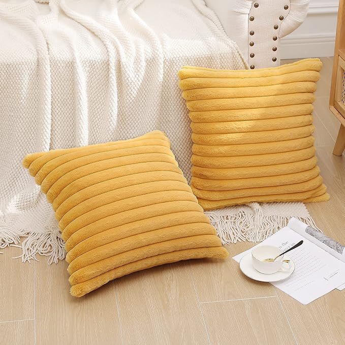 Pallene Faux Fur Decorative Throw Pillow Covers 22x22 Set of 2, Yellow | Luxury Plush Texture, Striped Design, Cozy Soft Touch, Modern Home Accent Decor for Couch, Sofa, Bed, Living Room