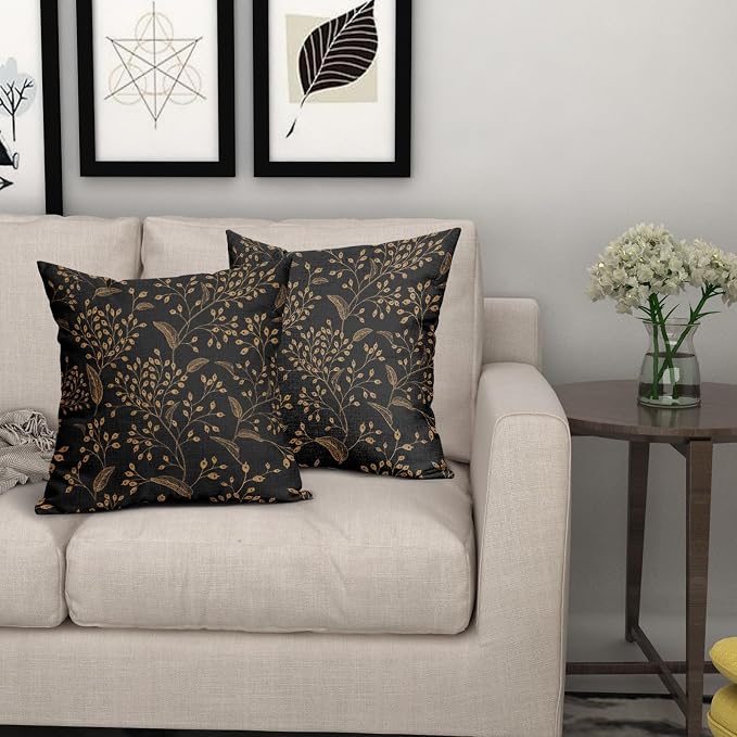Boho Pillow Covers 18X18 Inch Set of 2 Black Gold Floral Leaves Decorative Pillow Cases Vintage Flower Leaf Cotton Linen Cushion Case Farmhouse Home Decor for Sofa Couch Porch Outdoor