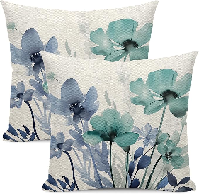 Spring Floral Pillow Covers 18x18 Inches Set of 2 Blue Teal Floral Throw Pillow Cover Outdoor Summer Flower Decoration Pillowcase Farmhouse Decorative Square Cushion Cover for Home Couch Sofa