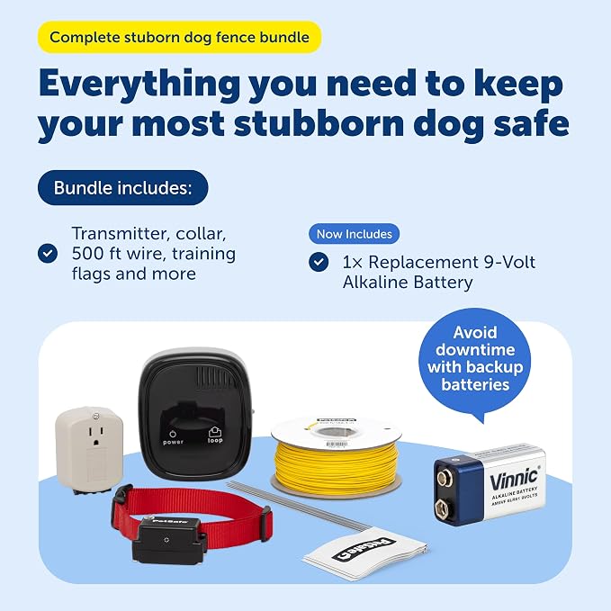 PetSafe Stubborn Dog In-Ground Fence with Extra 9V Battery, Up to 1/3 Acre | Includes 500 Ft Wire, Extra 9V Battery, Expandable to 25 Acres, Tone, Vibration, 4 Static Levels, Dogs 8 lb+, Neck 6-28 in