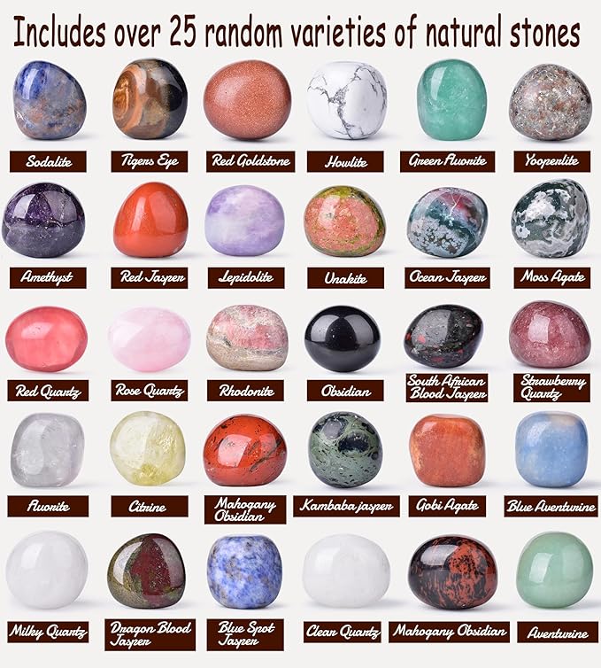 Polished Stone Set Mixed Crystals, Christmas Gift for Kids, 1.2" - 2.5 lbs, 25 Types of Extra Large Size Tumbled Gemstones and Crystals Bulk for Healing, Reiki, Meditation, Witchcraft