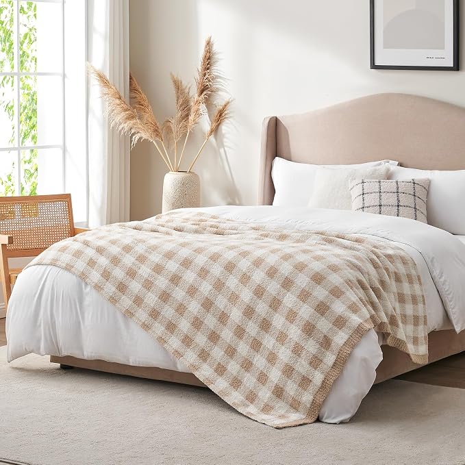 Snuggle Sac Buffalo Plaid Bedding Blanket Twin Size, Super Soft, Cozy Warm Knit Decorative Blankets, Reversible Plaid Fluffy Throws for Bed, Plaid Beige, 60x80 Inches