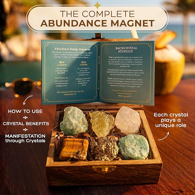 Anima Premium Abundance Healing Crystals Set for Success & Good Luck - Large Raw Citrine, Pyrite, Tigers Eye, Green Aventurine, Amazonite & Clear Quartz - Wooden Gift Box and Guide Booklet Included