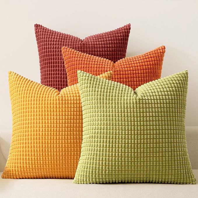 MIULEE Fall Decorative Pillow Covers 20x20 Inch Set of 4 Yellow Orange | Burnt Orange Green Gradient Boho Farmhouse Home Decor, Modern Corduroy Couch Pillows, Pillowcases for Sofa Living Room Bed