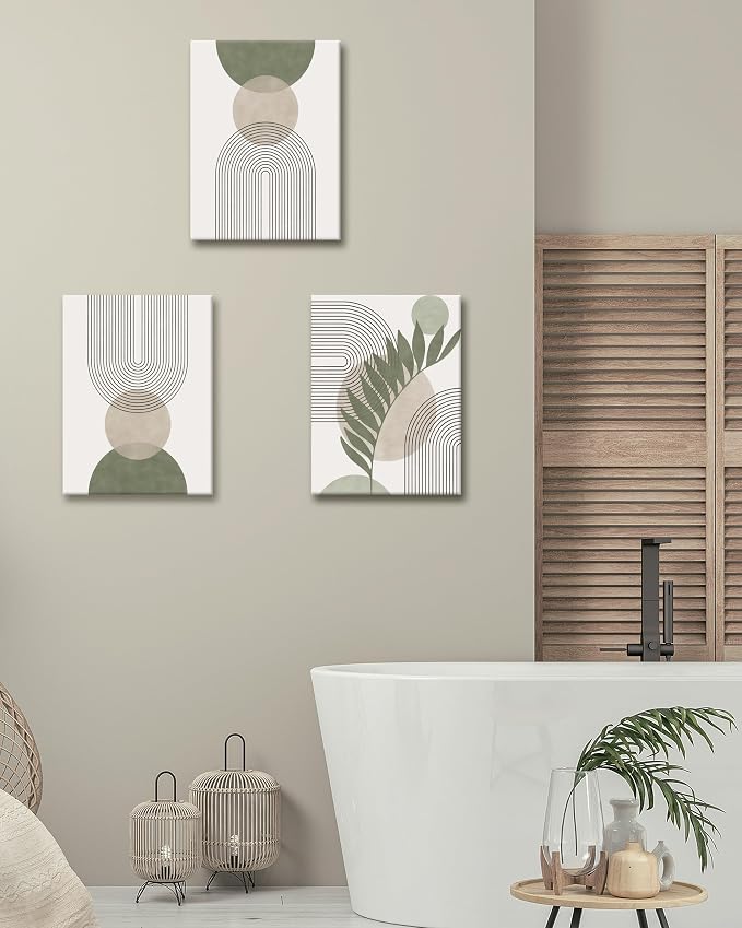 HesenDot 40x60CM Sage Green Boho Wall Art, Botanical Geometric Framed Canvas Bathroom Wall Art, Mid-Century Modern Wood Frame Abstract Prints for Living Room Bedroom Bathroom Home Decor, Set of 3