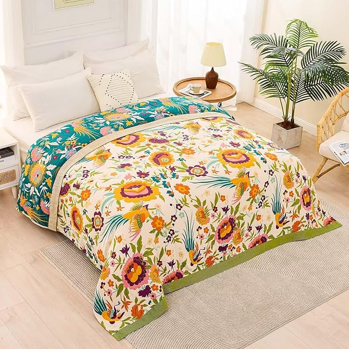 XIBLC Boho Throw Blanket for Bed, 100% Cotton Soft Rustic Quilt Fall Blanket, 50"x60" Colorful Floral Printed Farmhouse Decor Bed Blankets, All Season Rustic Reversible Bohemian Throw Quilt