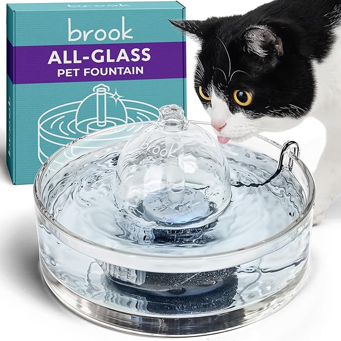 Brook Glass Cat Water Fountain 90oz – Dishwasher Safe Pet & Dog Fountain | Automatic 2.7L drinking water dispenser – quiet, easy to clean glass bowl, filters included – for indoor cats, kittens & dogs