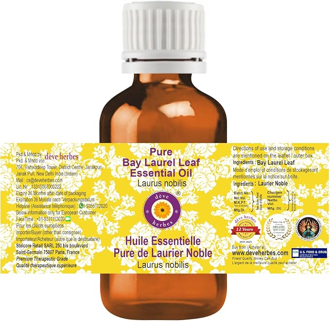 Deve Herbes Pure Bay Laurel Leaf Essential Oil (Laurus nobilis) Steam Distilled 100ml (3.38 oz)