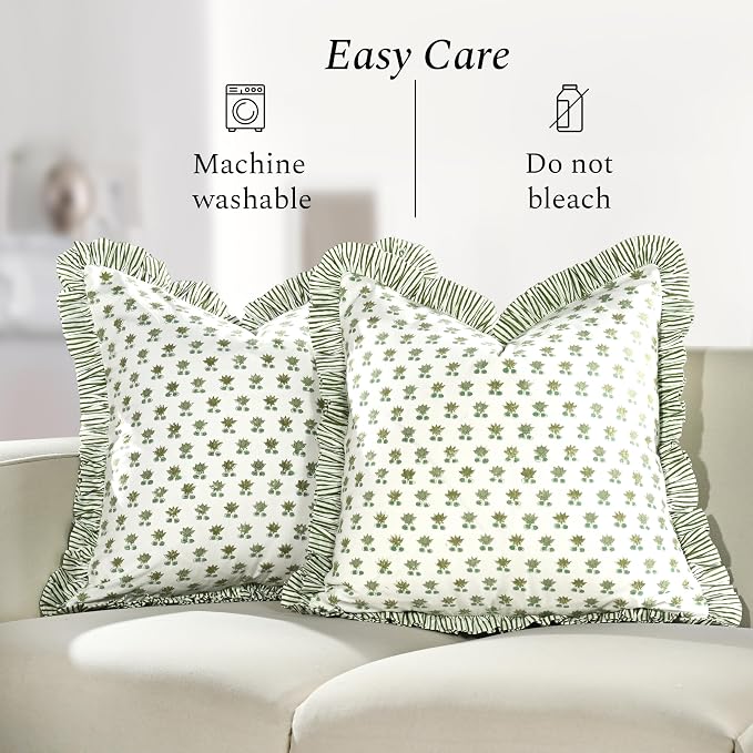CPC Lotus Meadow Hand Block Print 100% Cotton Ruffle Throw Pillow Cover 24x24 inch with Hidden Zipper Decorative for Couch, Bed, Sofa, Farmhouse, Cottagecore Decor Gift Christmas Fall Thanksgiving