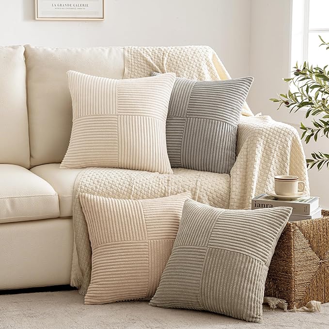 MIULEE Neutral Decorative Throw Pillow Covers 18x18 Inch Set of 4 for Livingroom Couch Sofa Modern Farmhouse Soft Corduroy Cushion Cases Striped Patchwork Home Decor (Cream,Grey)