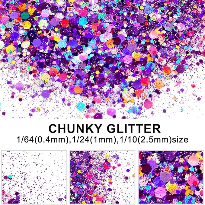 Grape - Light Purple - Craft Glitter - 2oz Glitter Shaker Bright Colorful Holographic Mix Chunky Body Glitter Bulk Wholesale 24 Colors in Shaker Cosmetic Glitter - EBLB802