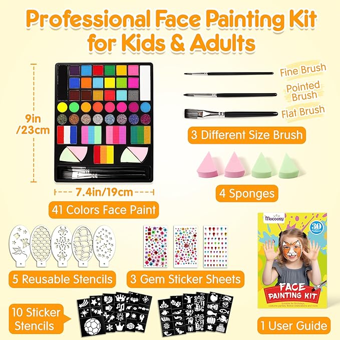 Mocoosy 41 Color Face Painting Kit for Kids, Non-Toxic Water Activated Face Paint Palette With Stencils, Brushes, Gems, Professional Body Makeup Kit for Cosplay Parties, Birthdays, Carnival, Christmas
