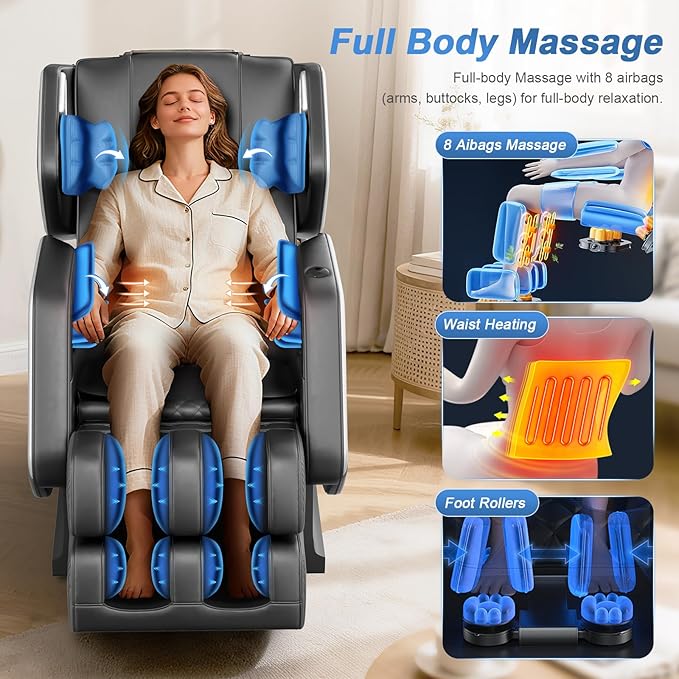Massage Chair Full Body, Zero Gravity Massage Chair 2025 for Back Fatigue with 10 Fixed Rollers, Airbags, Heating, Phone Controller, Bluetooth Speaker, Nightlights for Living Room, Bedroom
