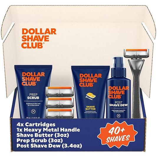 Dollar Shave Club | Total Package Gift Set | 4 Extra Close Refill Cartridges, 1 Heavy Metal Handle, 1 Prep Scrub 3 ounce, 1 Shave Butter 3 ounce, 1 Post Shave Dew 3.4 ounce, Razors for Men