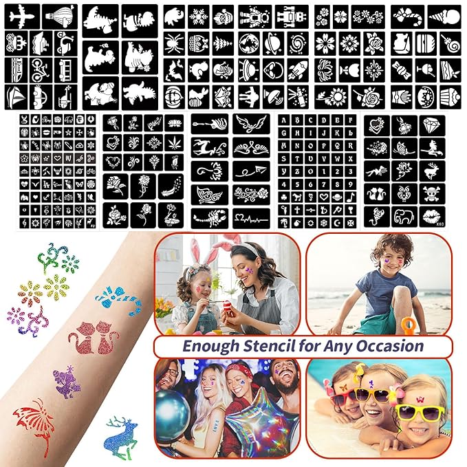 Temporary Glitter Tattoos Kit for Kids,36 Glitter Colors,222 Stencils,3 Glue,5 Brushes,Adults and Kids Arts Glitter Kit, Gifts for Girls & Boys Birthday Party Christmas Day.