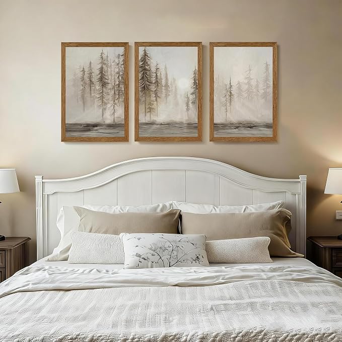 Urmoya 3 Pieces Scandinavian Pine Tree Neutral Forest Wall Art 16x24 in | Wood framed canvas, Forest scene, Nordic modern style, Ready to hang, for living room, hallway, office, or bedroom decor