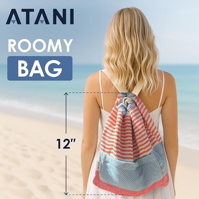 ATANI Turkish Beach Towel (71x39 Inches), Converts to a Bag, Oversized 100% Cotton Bath Towels Lightweight Quick-Dry Beach Blanket for Travel, Picnic, Camping, Yoga and Pool (Red x Navy Blue)