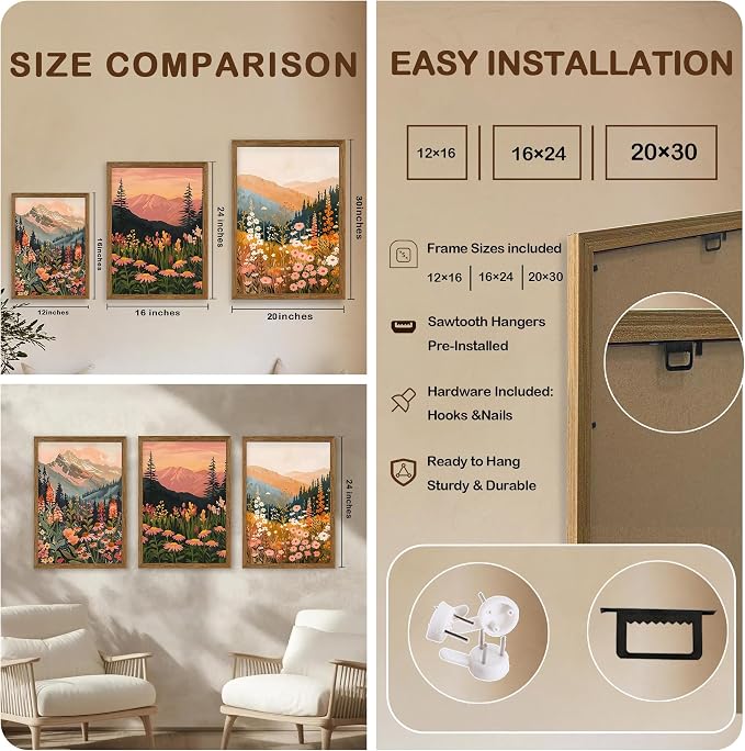 WRFON Botanical and Flower Canvas Wall Art, Framed Mountain Landscape Wall Art Set of 3, Wildflower Meadow Canvas Print, Rustic Nature Decor for Living Room Bedroom Cabin Lodge Farmhouse Decor, 20x30