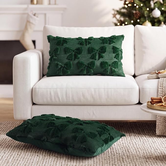 Mixweer Green Bow Pillow Covers Set of 2 Preppy Room Decor Coquette Cute Spring Summer Decorative Faux Fur Soft Bowknot Stuff Fluffy Plush Aesthetic Pillowcase for Bed Sofa Couch (12 x 20 Inch)