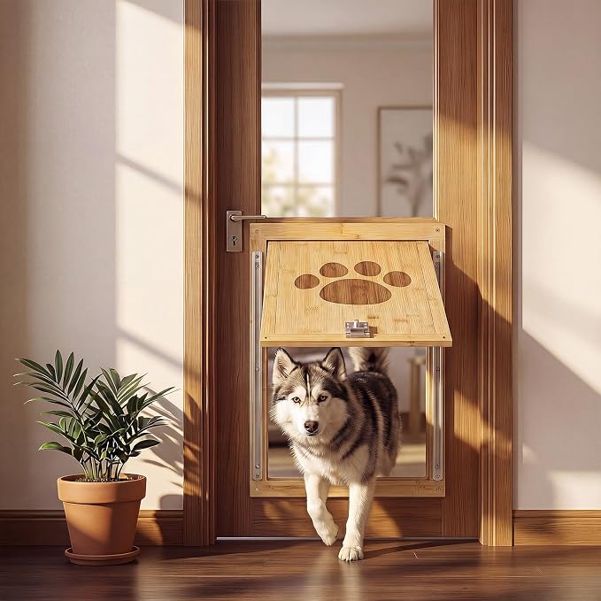 Sliner 16.5 x 12 Inch Large Dog Lockable Door for Pets to 100 lb, Vintage Wooden Doggy Door, Suitable for Interior and Exterior Doors