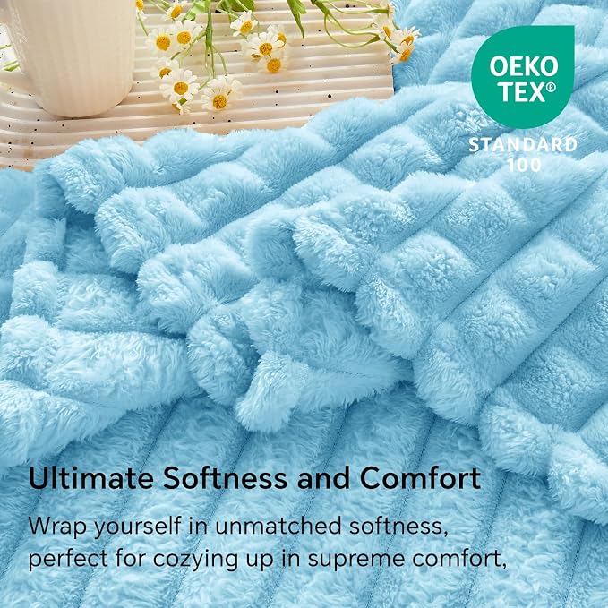 BEDELITE 3D Checked Light Blue Fleece Throw Blanket for Couch, 50x60 Inches | Soft Warm Fuzzy Fluffy Blanket for Bed Sofa, Lightweight Plush Cozy Blankets for Home Room Decor, Gift for Women, All Season