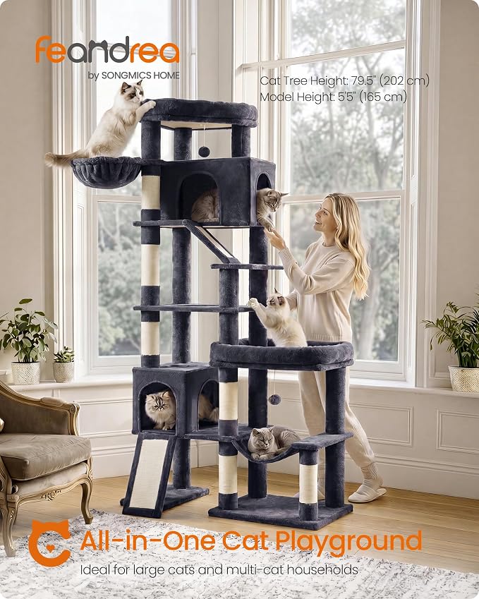 Feandrea Multi-Level Cat Tree for Large Cats, 79.5 inch Tall Cat Tower with 6 Resting Areas and Sisal Scratching Posts, 41.3 x 17.7 x 79.5 inch, Dark Gray Clawfy Collection UPCT020G201