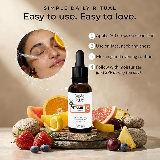 Organic Vitamin C Serum for Face - USDA Certified Facial Serum - Anti Aging For Fine Lines & Wrinkles - Potent Botanical Ingredients & Non GMO - 1 Fl Oz Glass Bottle & Dropper
