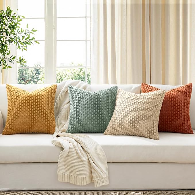 MIULEE Teal Orange Decorative Throw Pillow Covers for Couch Boho Farmhouse Cushion Covers Soft Corduroy Pillowcase Rustic Home Decor for Bed Sofa Living Room 18x18 Inch Set of 4