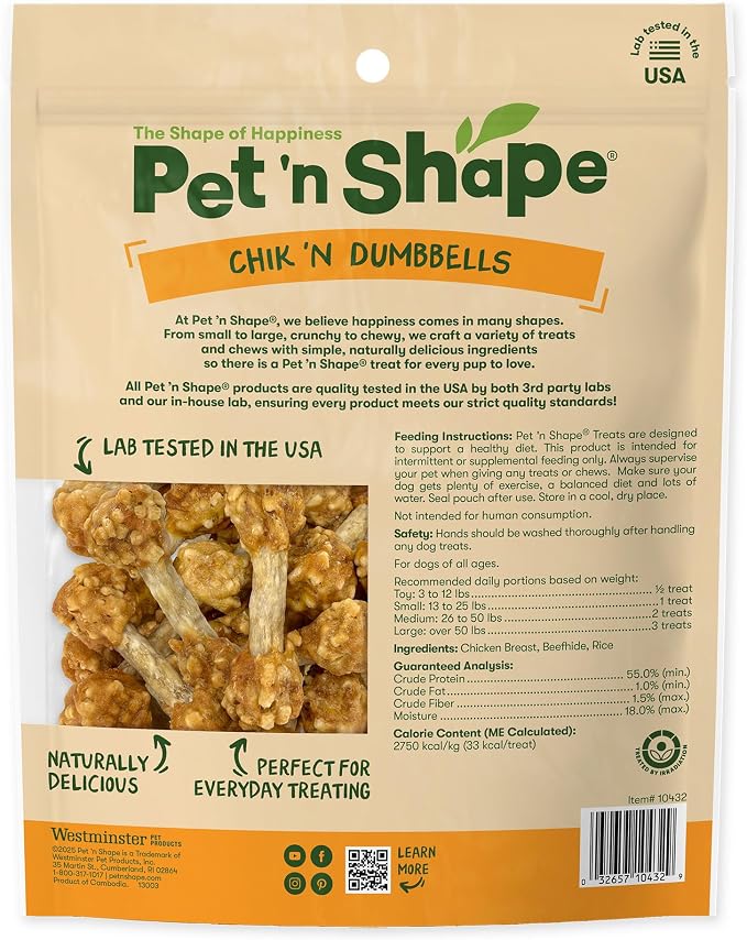 Pet 'n Shape Chik 'n Dumbbells: All-Natural, High-Protein Dog Treats; Limited Ingredient Chicken & Rice Chew for All Breeds, 32 Ounces (2 lbs) | Premium chicken breast, Rice recipe, Limited ingredients, Wheat and soy free, Bite-sized snack, For all lif...