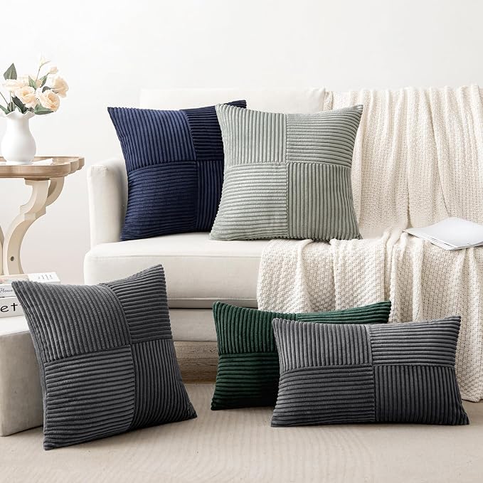 MIULEE Silver Grey Decorative Throw Pillow Covers for Couch 18x18 Inch | 2 Pack, Boho Farmhouse Pillow Covers, Soft Cross Corduroy Patchwork Textured Cushion Cases For Bed Sofa