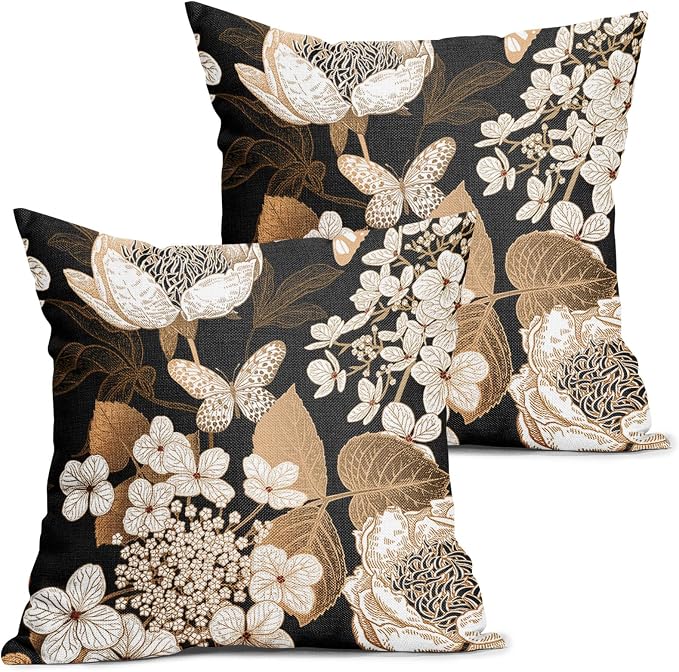 Vintage Floral Pillow Covers 16X16 Inch Set of 2 White Flowers Gold Leaves Botanical Decorative Pillow Cases Rustic Leaf Black Cotton Linen Cushion Case Farmhouse Home Decor for Sofa Couch