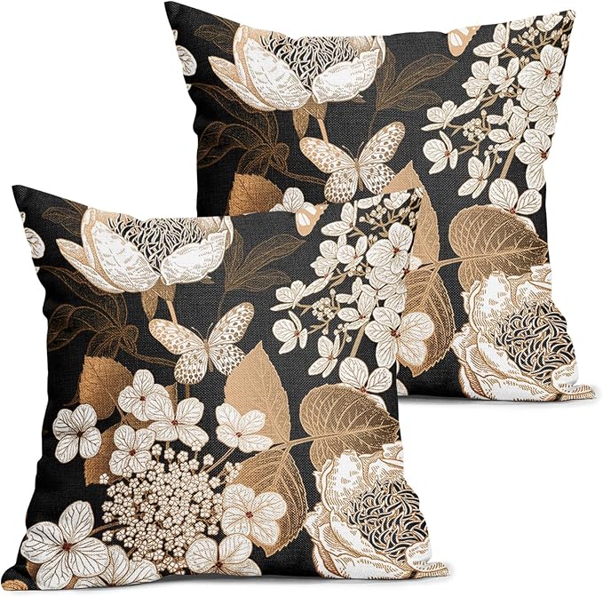 Vintage Floral Pillow Covers 22X22 Inch Set of 2 White Flowers Gold Leaves Botanical Decorative Pillow Cases Rustic Leaf Black Cotton Linen Cushion Case Farmhouse Home Decor for Sofa Couch