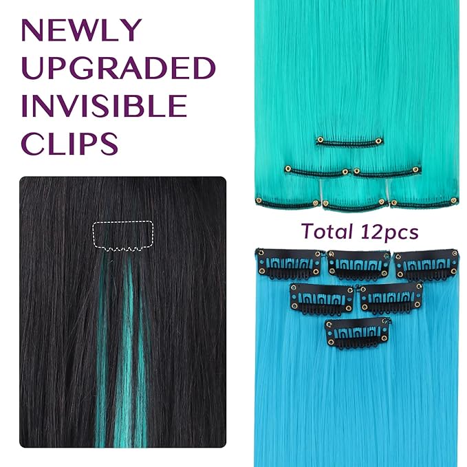 IDN BEAUTY Colored Clip in Hair Extension, 12PCS Teal Sky Blue 24Inch Multicolored Deep Purple Mix Synthetic Hair Pieces for Women, Hair Accessories for Party Cosplay Travel Birthday
