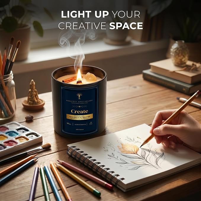 Aromatherapy Scented Candle for Creativity & Inspiration – Hand-Poured Soy Candle Infused with Vanilla, Coconut, Cinnamon & Rose Quartz Crystals – 50 Hrs Burn Time & 10.5 Oz – Ideal Birthday Gift