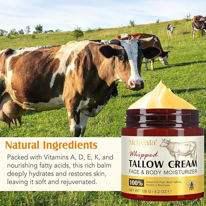 Beef Tallow for Skin, Natural Tallow and Honey Balm, Organic Grass Fed Whipped Beef Tallow for Face Moisturizer, Deeply Moisturizing Body Butter for Dry & Sensitive Skin, All Skin Types 4.2 Oz