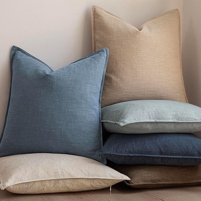Foindtower Set of 2, Decorative Linen Solid Throw Pillow Covers Soft Accent Euro Cushion Case Boho Farmhouse Neutral Pillowcase for Couch Sofa Bedroom Living Room Home Decor 24 x 24 Inch Misty Blue