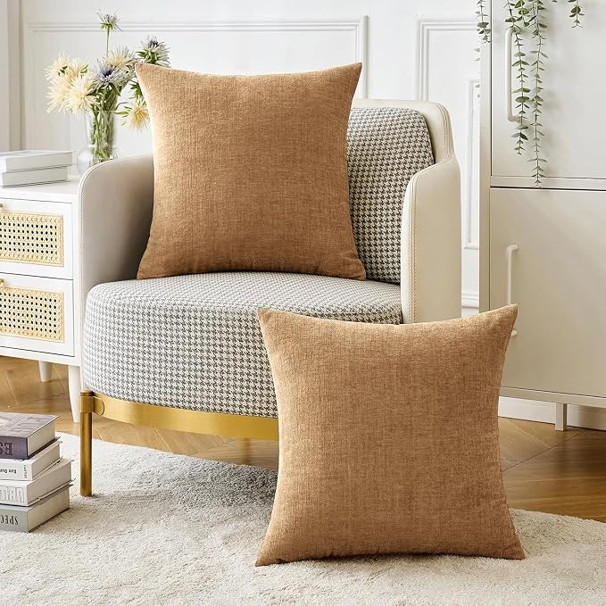 MIULEE Chenille Fall Throw Pillow Covers Apricot Brown 20x20 Pack of 2 | Modern Fall Home Decor, Classic Decorative Pillows, Solid Dyed Cases, Boho Couch Cushion Covers for Sofa Bed Living Room